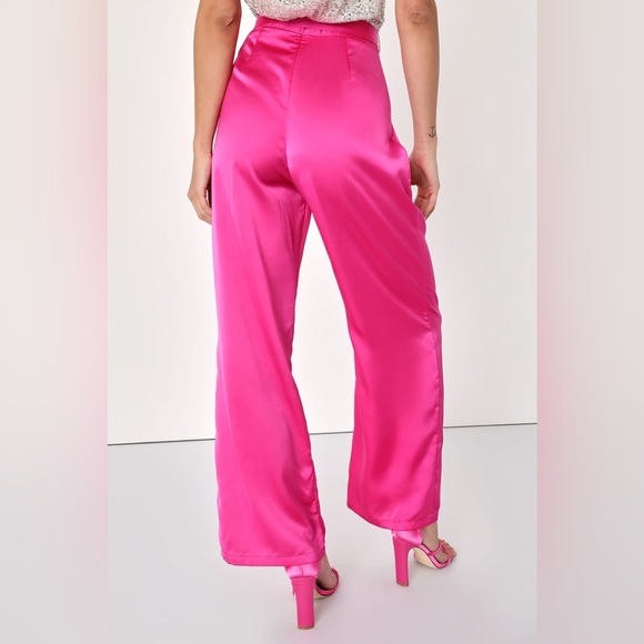 NEW: Lulus Truest Trend Fuchsia Satin Paper Bag Wide-Leg Pants - Picture 6 of 16